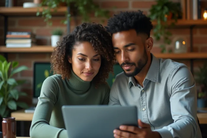 Deux jeunes professionnels de la fintech collaborant sur des modèles d'analyse financière quantitative et des données de cryptomonnaies dans un espace de coworking