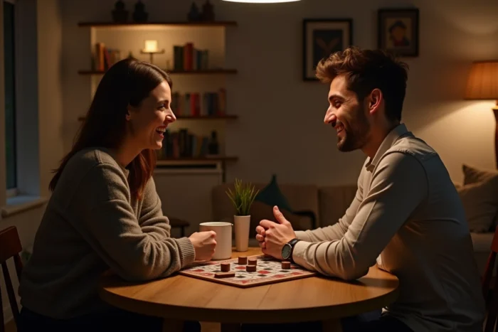 Un couple jouant à un jeu de société à deux en format court autour d'une petite table, avec des expressions de complicité et d'amusement
