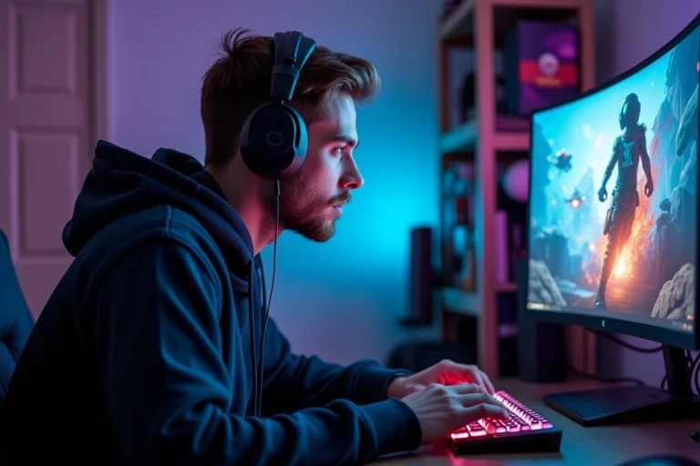 Jeune homme concentré en train de jouer à un jeu vidéo sur un écran incurvé avec setup gaming moderne