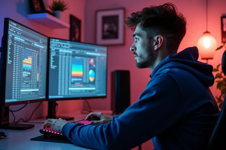 Joueur adulte consultant son historique d'achats Valorant sur un double écran dans un bureau gaming moderne