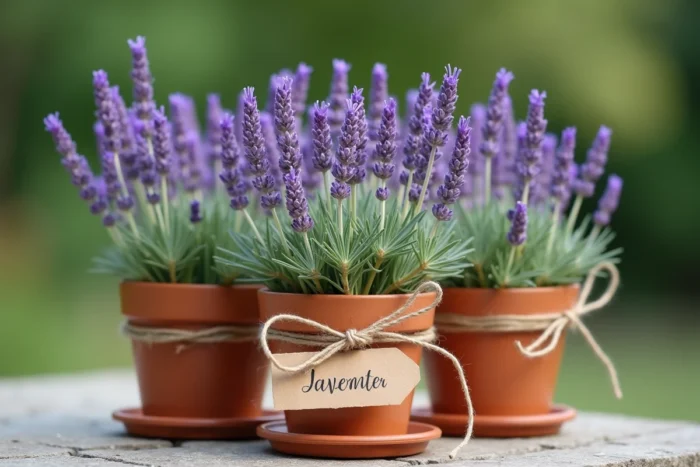 Trio de lavandes en pots en terre cuite avec étiquettes en kraft comme cadeau de mariage provençal