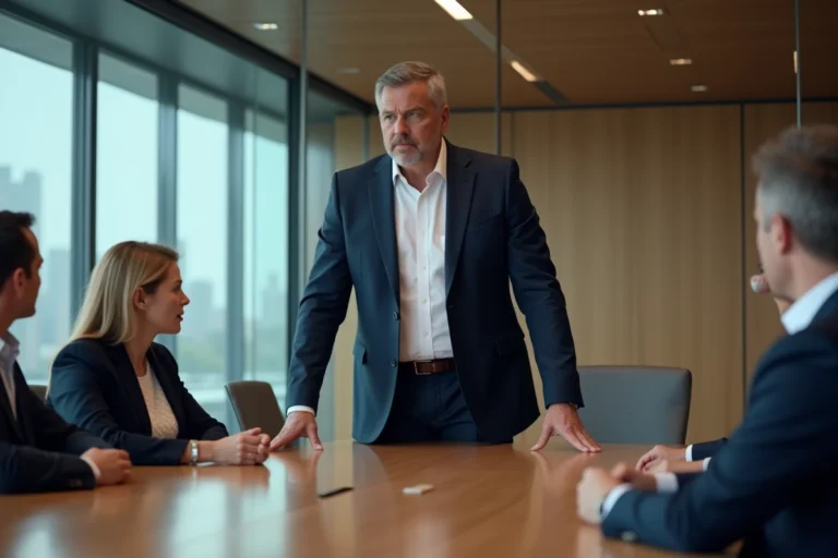 Leader charismatique en blazer marine s'adressant à son équipe dans une salle de conférence moderne, illustrant la citation de Maxwell sur le leadership