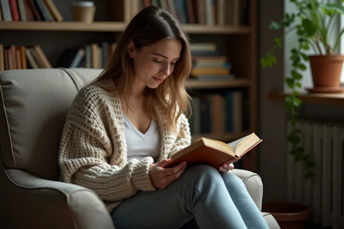 Une femme lisant un livre en micro-session de lecture immersive, confortablement installée dans un fauteuil en tissu avec un plaid
