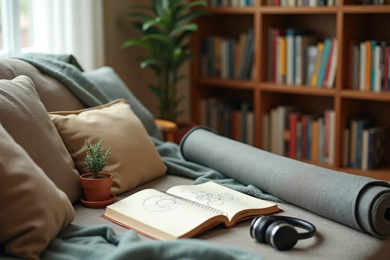 Un coin salon douillet avec divers objets de loisirs du quotidien : carnet de croquis, jeu de société, casque audio et tapis de yoga