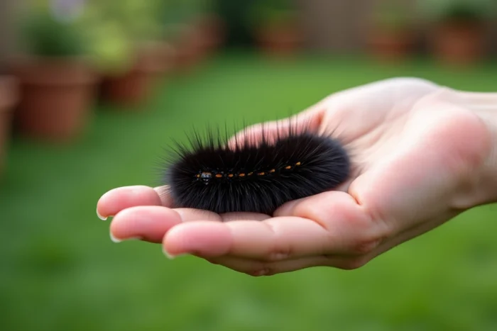 Main tenant une chenille noire et poilue pour identification dans le jardin