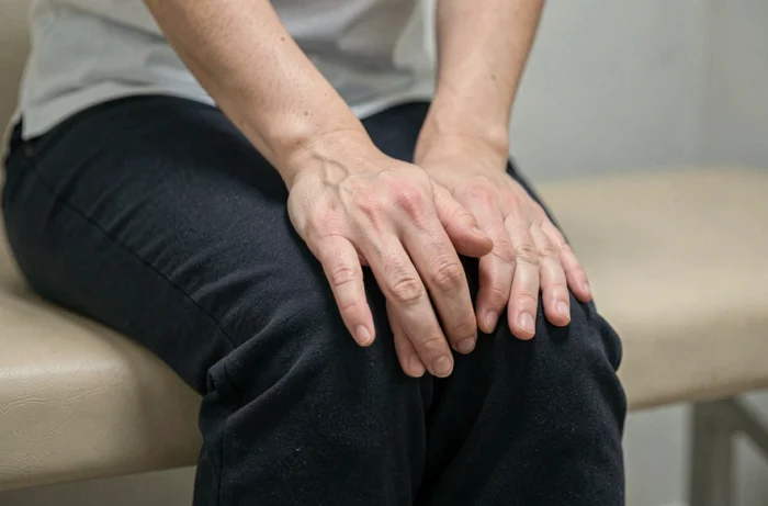 Gros plan sur les mains d'une femme croisées sur ses genoux avant un examen gynécologique, moment d'attente serein
