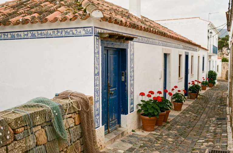 Façade authentique d'une maison de pêcheur portugaise avec carreaux azulejos bleus, porte en bois cobalt et filet de pêche sur un mur en pierre à l'Algarve