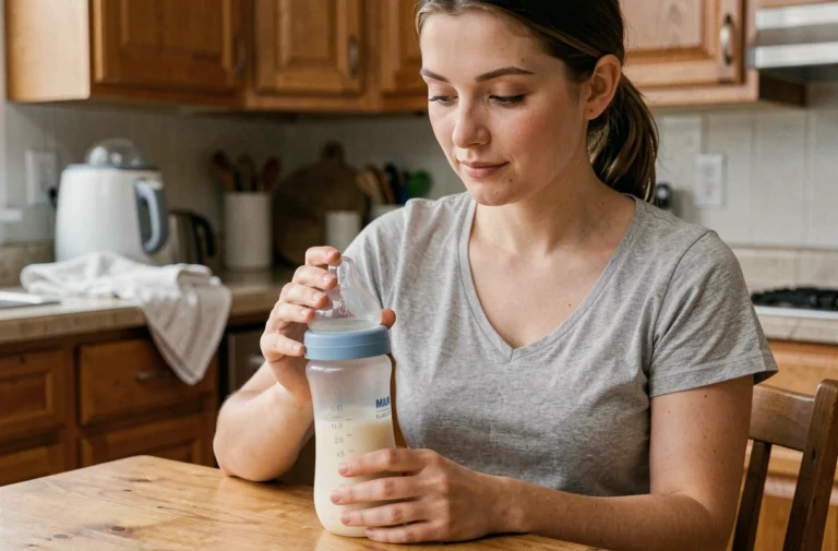 Jeune maman tenant un biberon MAM anti-colique rempli de lait dans une cuisine chaleureuse en bois