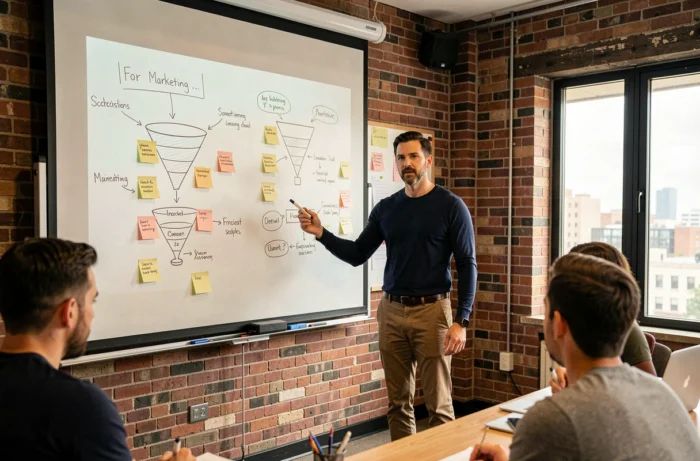 Manager présentant une stratégie marketing sur tableau blanc lors d'une réunion en startup