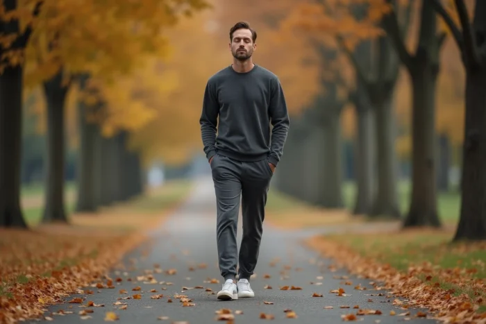 Un homme marchant lentement dans un parc automnal, pratiquant une marche douce orientée sur la respiration consciente