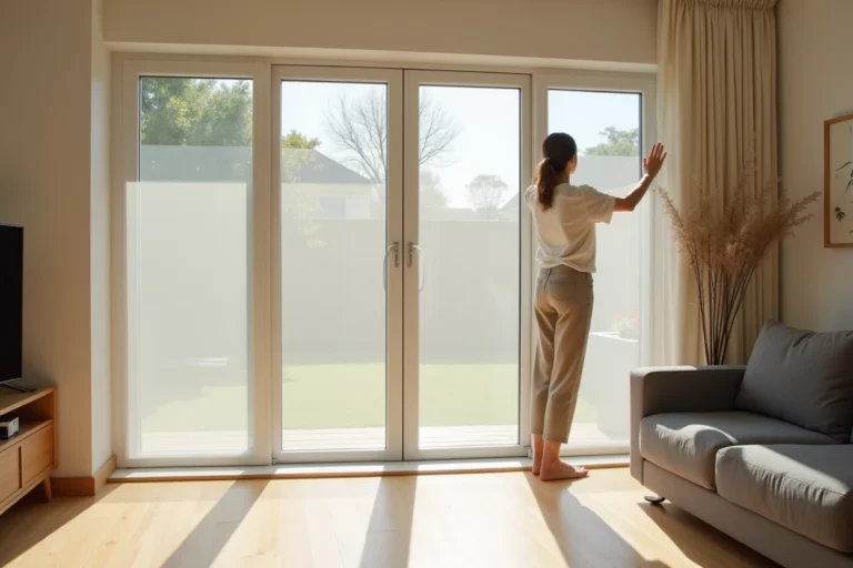 Femme installant une moustiquaire coulissante sur une grande baie vitrée 300x220 cm dans un salon moderne