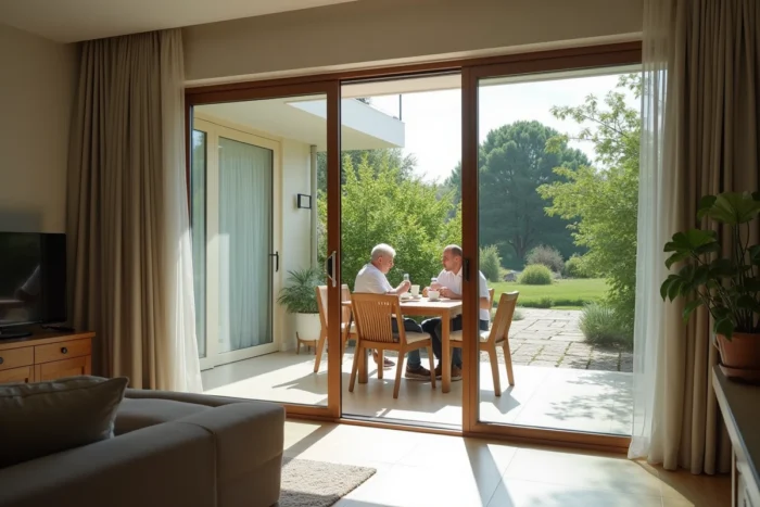 Moustiquaire enroulable rétractable installée sur une baie vitrée 300x220 cm donnant sur une terrasse extérieure
