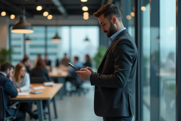 Homme consultant un navigateur privé sur smartphone dans un espace de coworking moderne