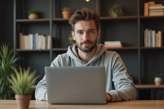 Homme naviguant anonymement sur internet depuis un bureau à domicile avec un ordinateur portable