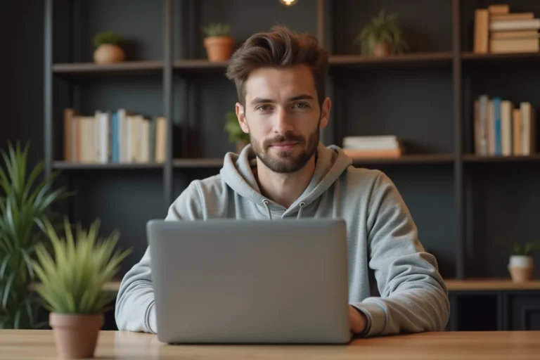 Homme naviguant anonymement sur internet depuis un bureau à domicile avec un ordinateur portable