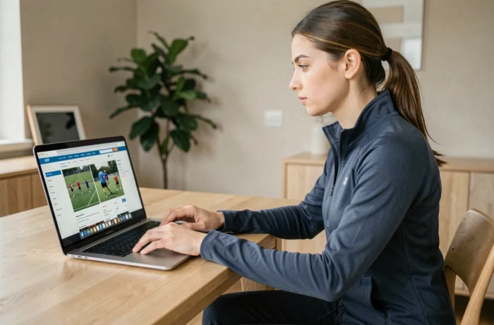 Femme naviguant sur le plan du site Esprit Sport depuis un ordinateur portable dans un bureau à domicile