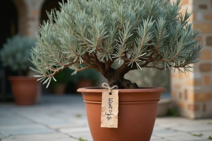 Olivier en pot en terre cuite avec étiquette cadeau de mariage attachée sur une terrasse en pierre