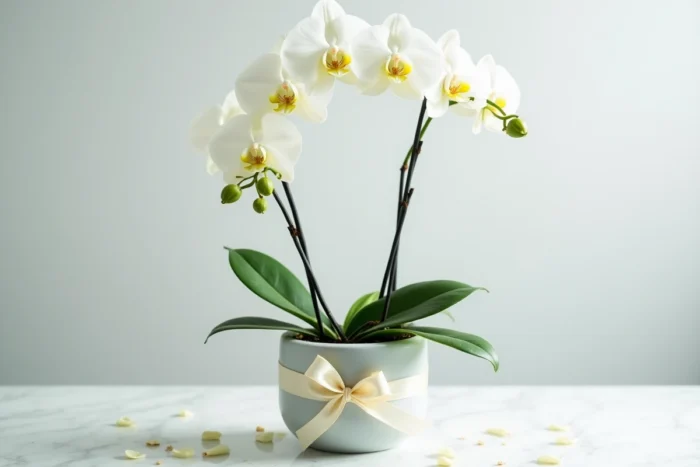 Orchidée Phalaenopsis blanche en pot avec ruban élégant sur marbre blanc comme cadeau de mariage