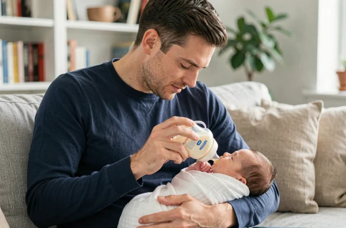 Papa donnant le biberon Avent à son nouveau-né emmailloté dans un salon scandinave moderne