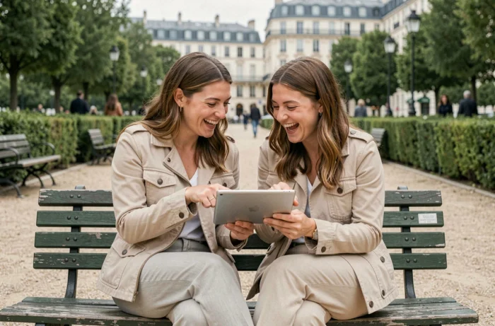Deux femmes françaises riant ensemble devant une tablette dans un jardin parisien, représentant le partage d'humour communautaire sur Choualbox