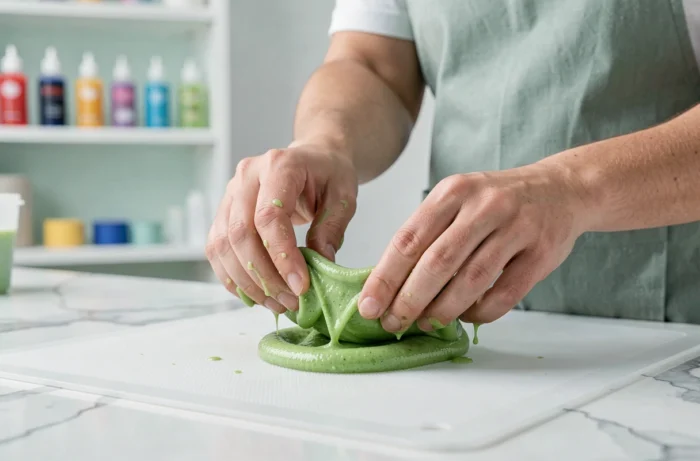 Mains pétrissant un slime vert trop liquide sur un plan de travail en marbre avec activateur