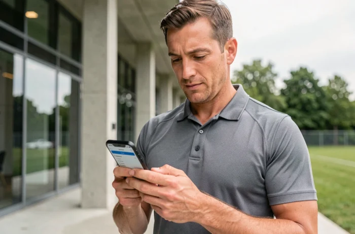 Homme consultant le plan du site Esprit Sport sur son smartphone devant un complexe sportif