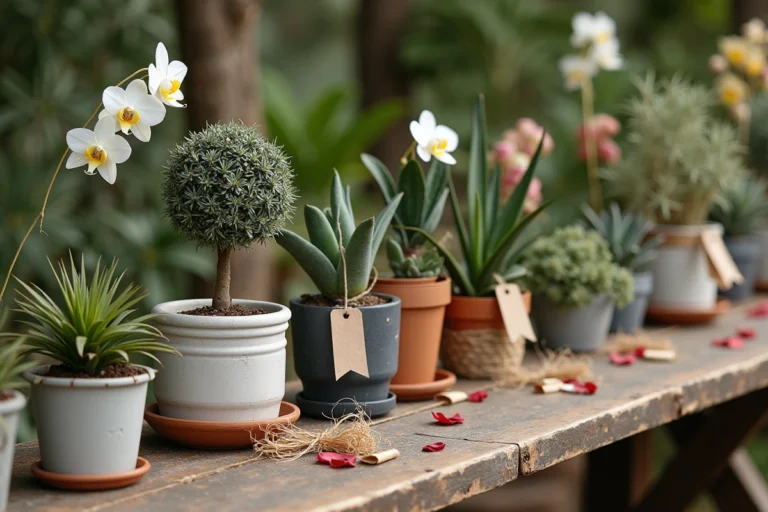 Arrangement de plantes variées en pots présentées comme cadeaux de mariage sur une table en bois rustique