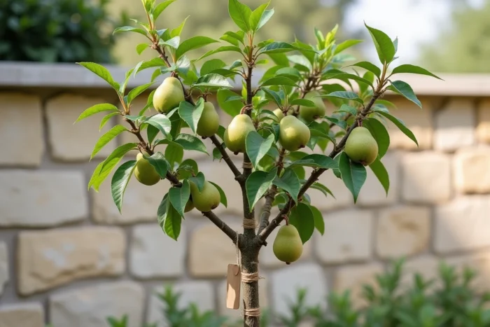 Poirier en espalier contre un mur en pierre avec étiquette cadeau de mariage dans un jardin
