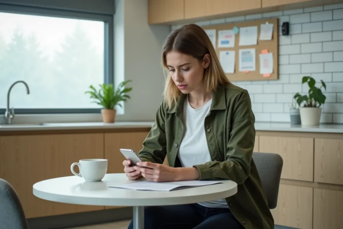 Jeune employée lisant la politique d'entreprise sur l'utilisation du téléphone personnel au travail