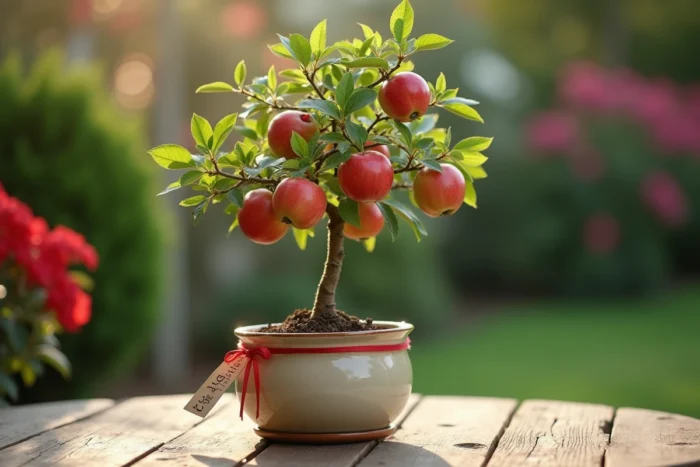 Pommier nain en pot avec pommes rouges et étiquette cadeau pour mariage dans un jardin