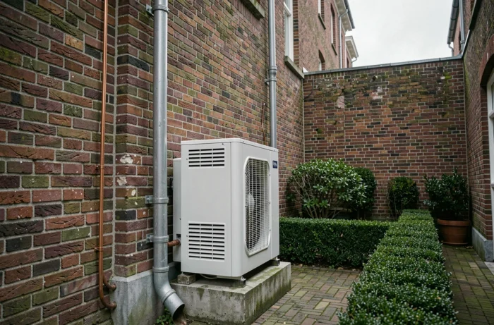 Pompe à chaleur air-eau installée en façade arrière d'une maison de ville bruxelloise en remplacement d'une chaudière mazout