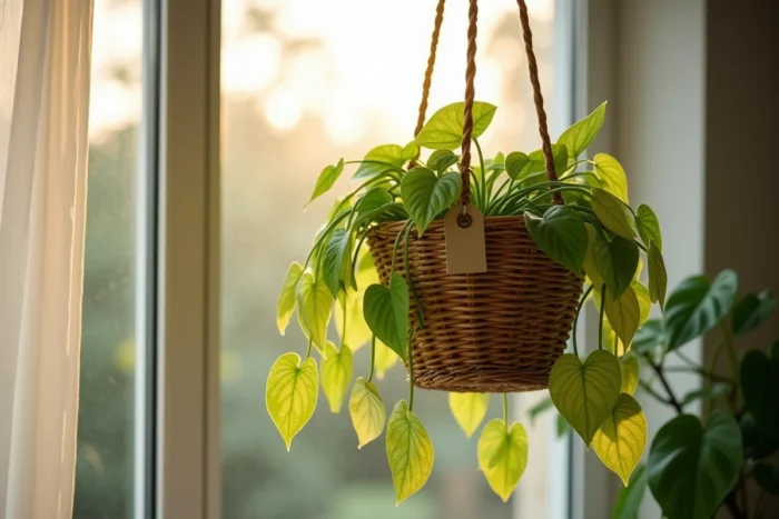 Pothos doré en panier suspendu avec longues tiges retombantes comme cadeau de mariage original