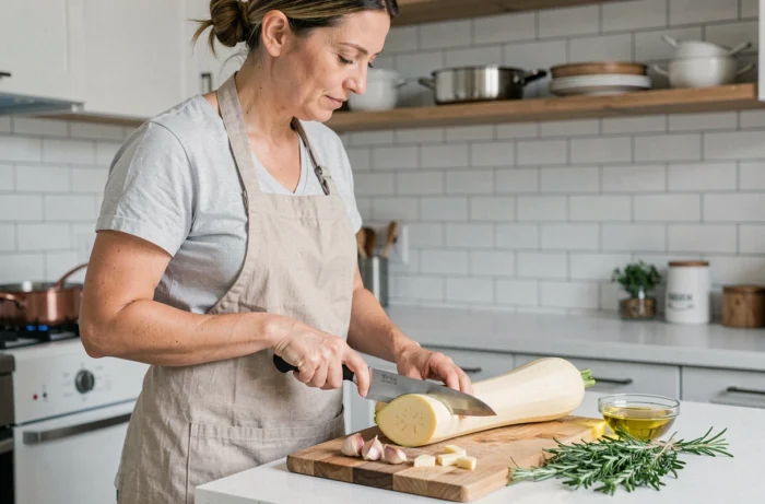 Femme préparant une courge longue de Nice en tranchant les légumes avant la cuisson à la poêle