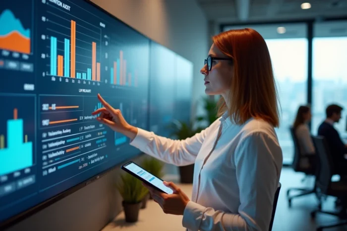 Professionnelle IT présentant les résultats d'un audit réseau sur un tableau de bord numérique en entreprise