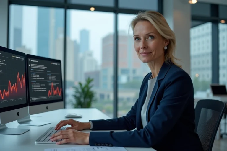 Professionnelle analysant une stratégie web sur des écrans d'ordinateur dans un bureau moderne avec vue urbaine