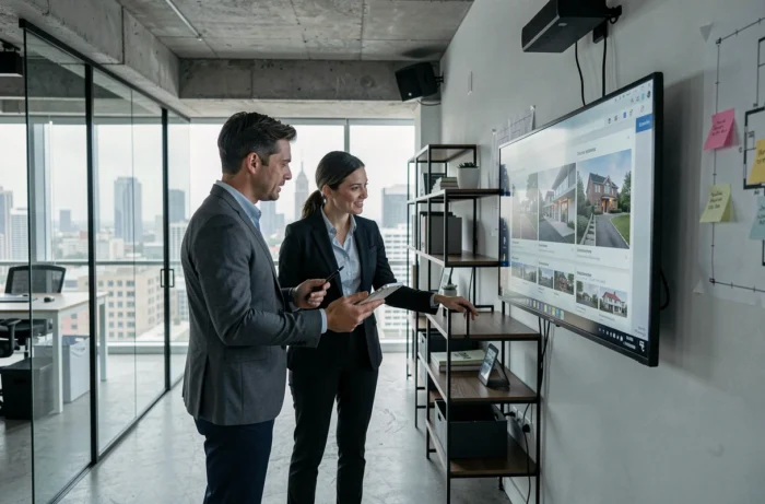 Deux professionnels de l'immobilier collaborant sur des annonces numériques dans un bureau moderne avec grand écran tactile