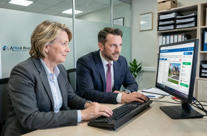 Deux professionnels de l'immobilier gérant des services en ligne sur le portail MyFoncia dans une agence