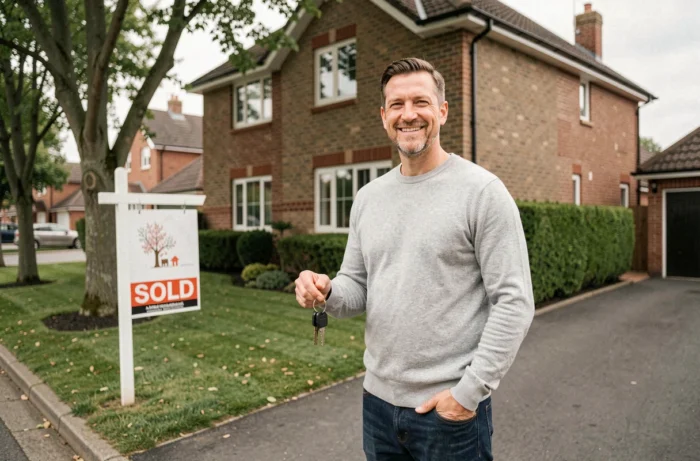 Propriétaire heureux devant sa nouvelle maison avec panneau vendu et clés en main dans un quartier résidentiel
