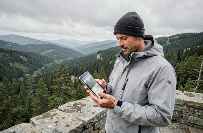 Randonneur consultant une application de planification d'escapades en pleine nature sur une tablette