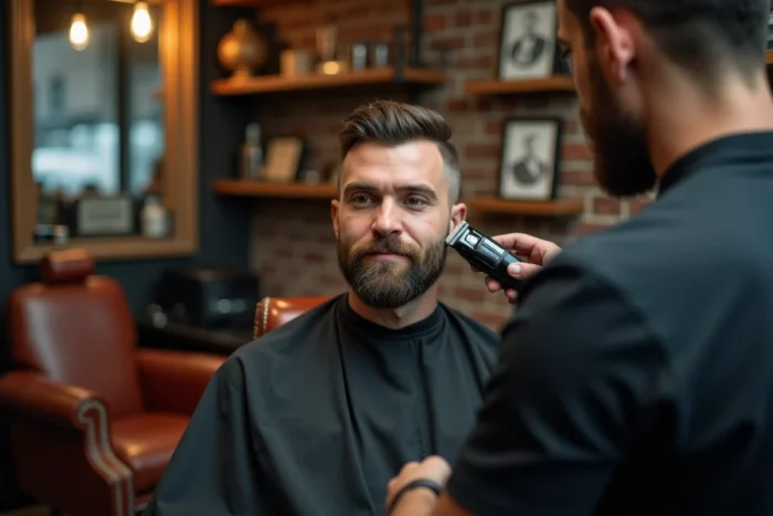Homme en train de se faire raser la tête à zéro dans un salon de coiffure barbershop traditionnel