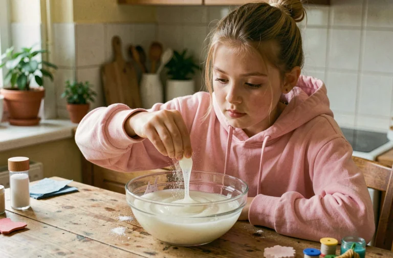 Adolescente ajoutant de la poudre de borax dans un slime trop liquide dans une cuisine en bois