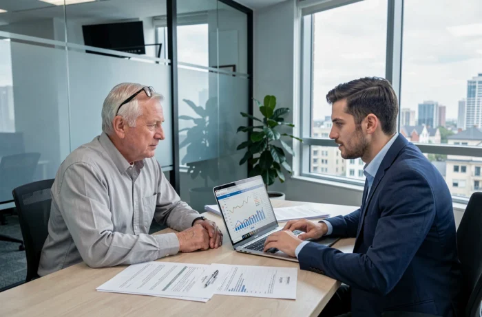 Retraité et conseiller immobilier étudiant un simulateur viager Excel dans une agence moderne