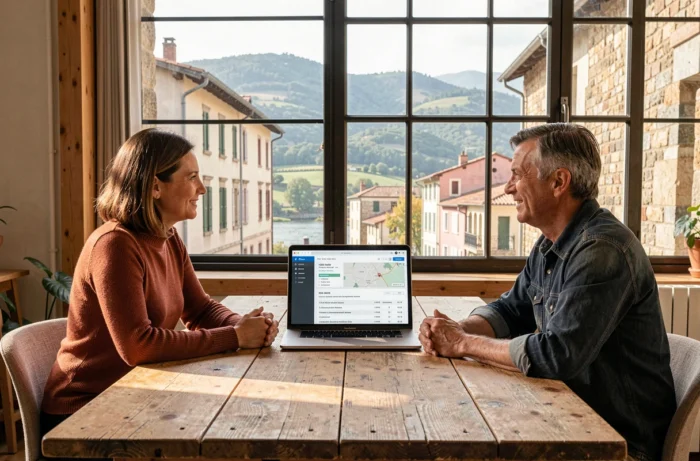 Réunion entre un client et un consultant d'une agence SEO pour définir une stratégie de référencement local dans la Drôme
