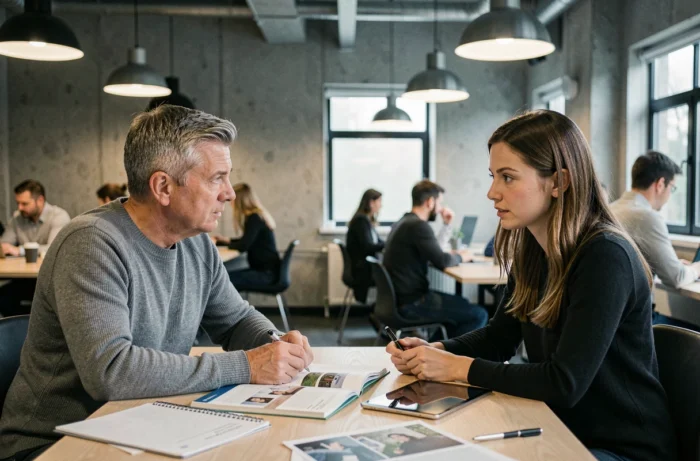 Un homme et une conseillère discutant du financement d'une formation professionnelle dans un espace de coworking moderne
