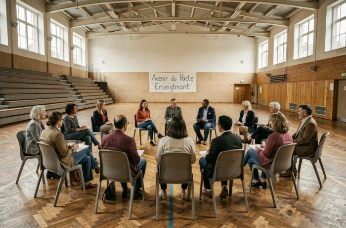 Réunion syndicale d'enseignants dans un gymnase scolaire discutant de l'avenir du pacte enseignant avant 2026