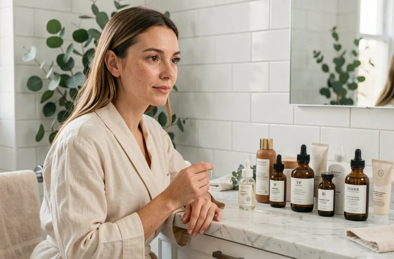 Femme appliquant un sérum sur sa peau devant une coiffeuse en marbre avec des produits cosmétiques naturels soigneusement arrangés