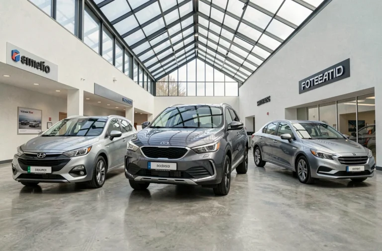 Salle d'exposition de City Automobiles avec plusieurs voitures neuves en vedette, incluant un SUV familial, une berline et une citadine