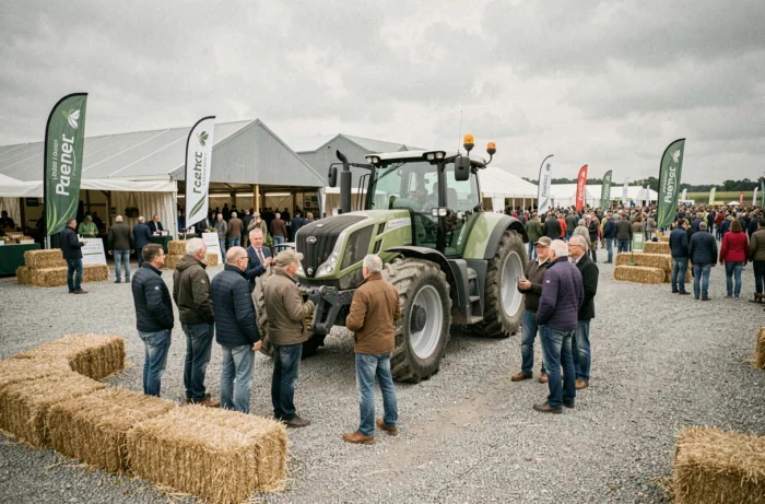 Agriculteurs réunis autour d'un tracteur moderne lors d'un salon agricole régional en France, dernières tendances du monde agricole