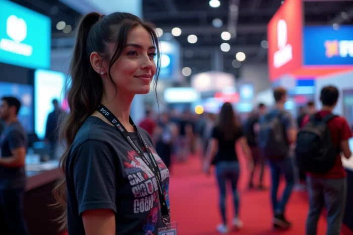 Femme visitant un salon de jeux vidéo avec stands de démonstration et nouvelles consoles exposées