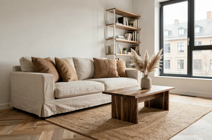 Salon scandinave moderne avec canapé en lin crème, table basse en noyer et parquet en chêne en chevrons pour une décoration intérieure épurée